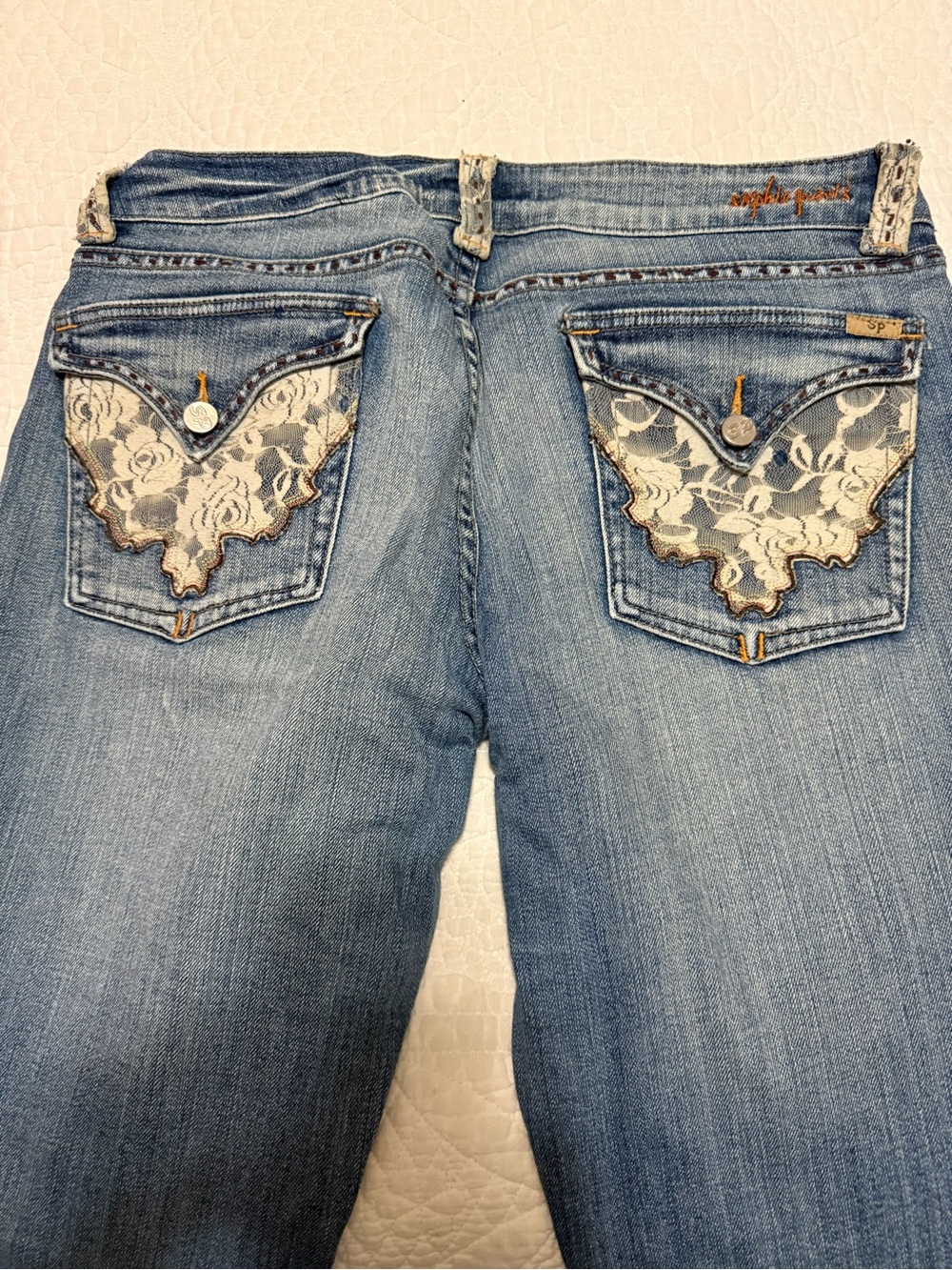 Sophie Paris Blue Boot Cut Jeans with Lace-Trim Pockets size 14